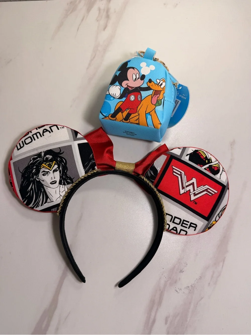 Wonder Woman x Mickey Kids Costume Ear Headband with Red & Gold Bow